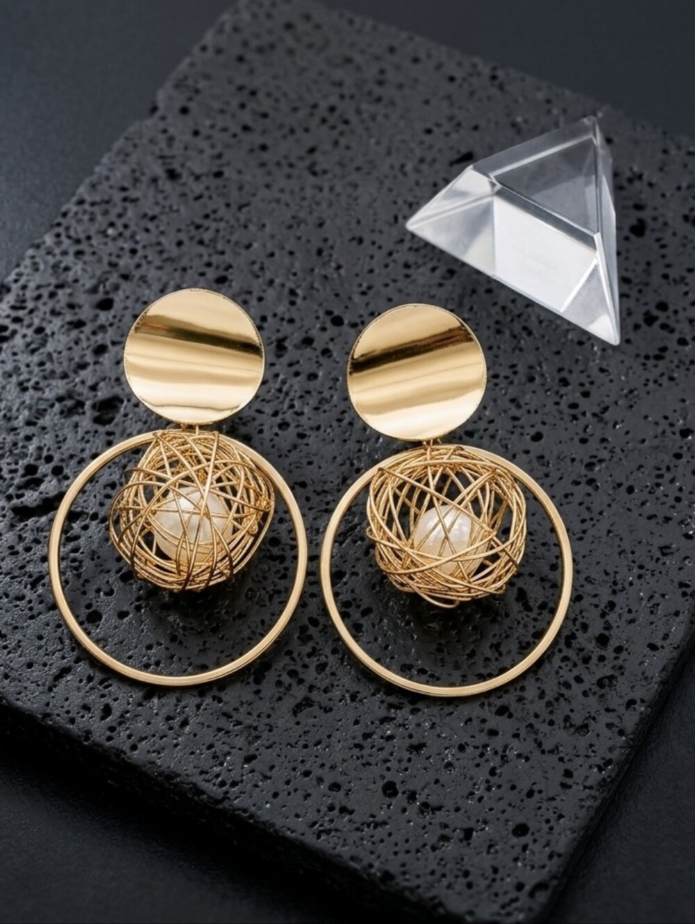 Gold Statement Earrings Wire Nest Ball Faux Pearl Geometric Circle Drop 2"